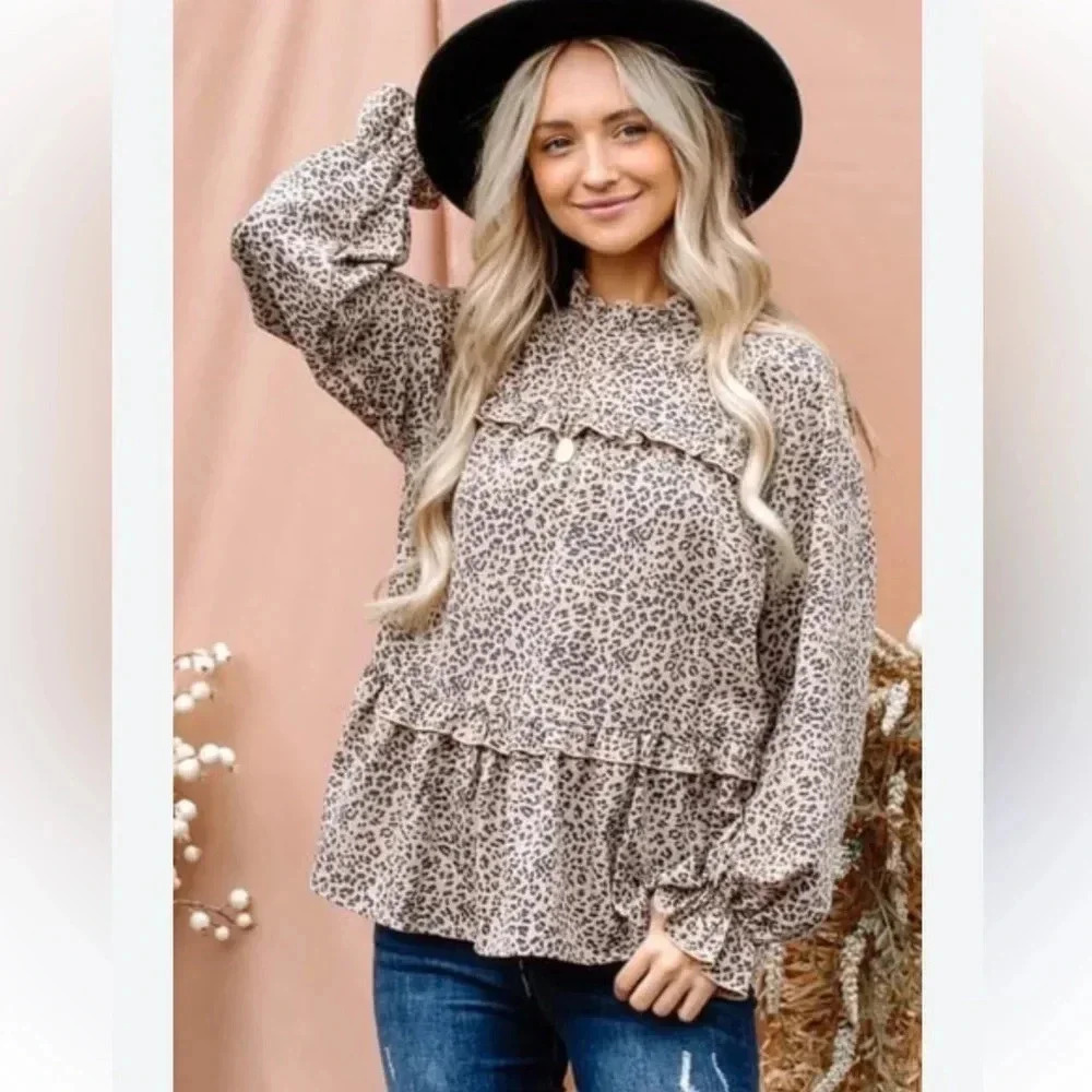 Andthewhy Leopard Print Ruffle Tiered Long Sleeve Loose Fit Top Size 1X